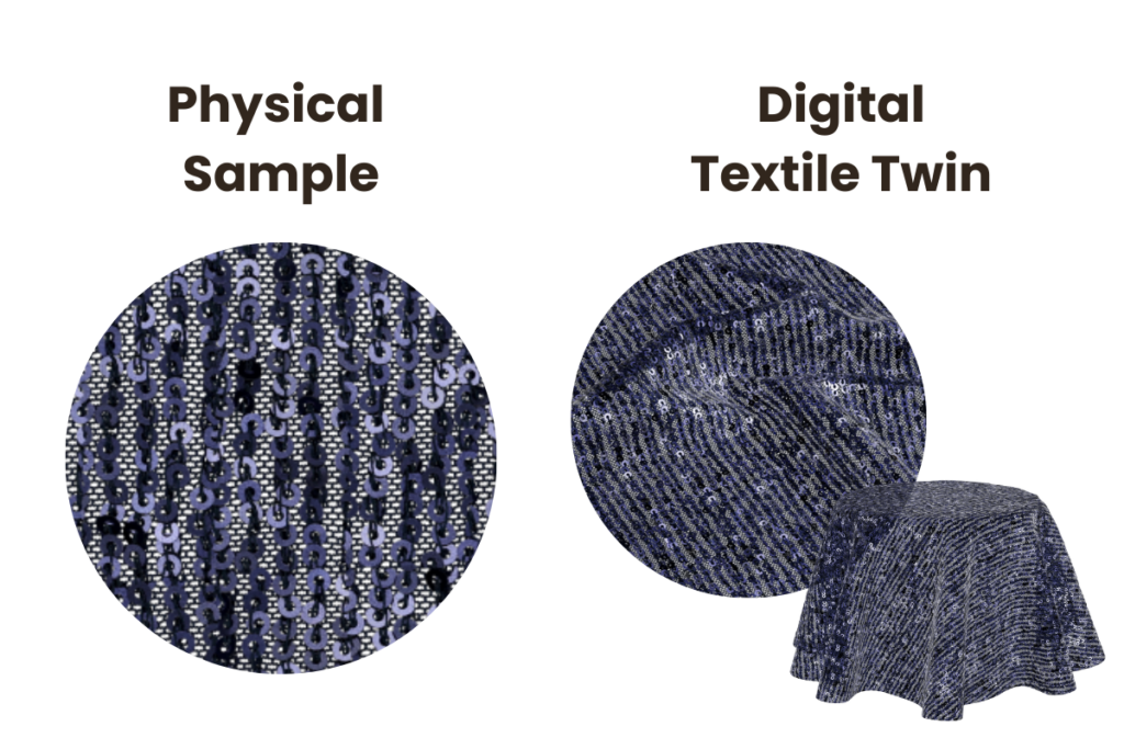 Comparison of a physical fabric and and the digital twin version. The fabric is a sparkly indigo fabric that's slightly sheer. 